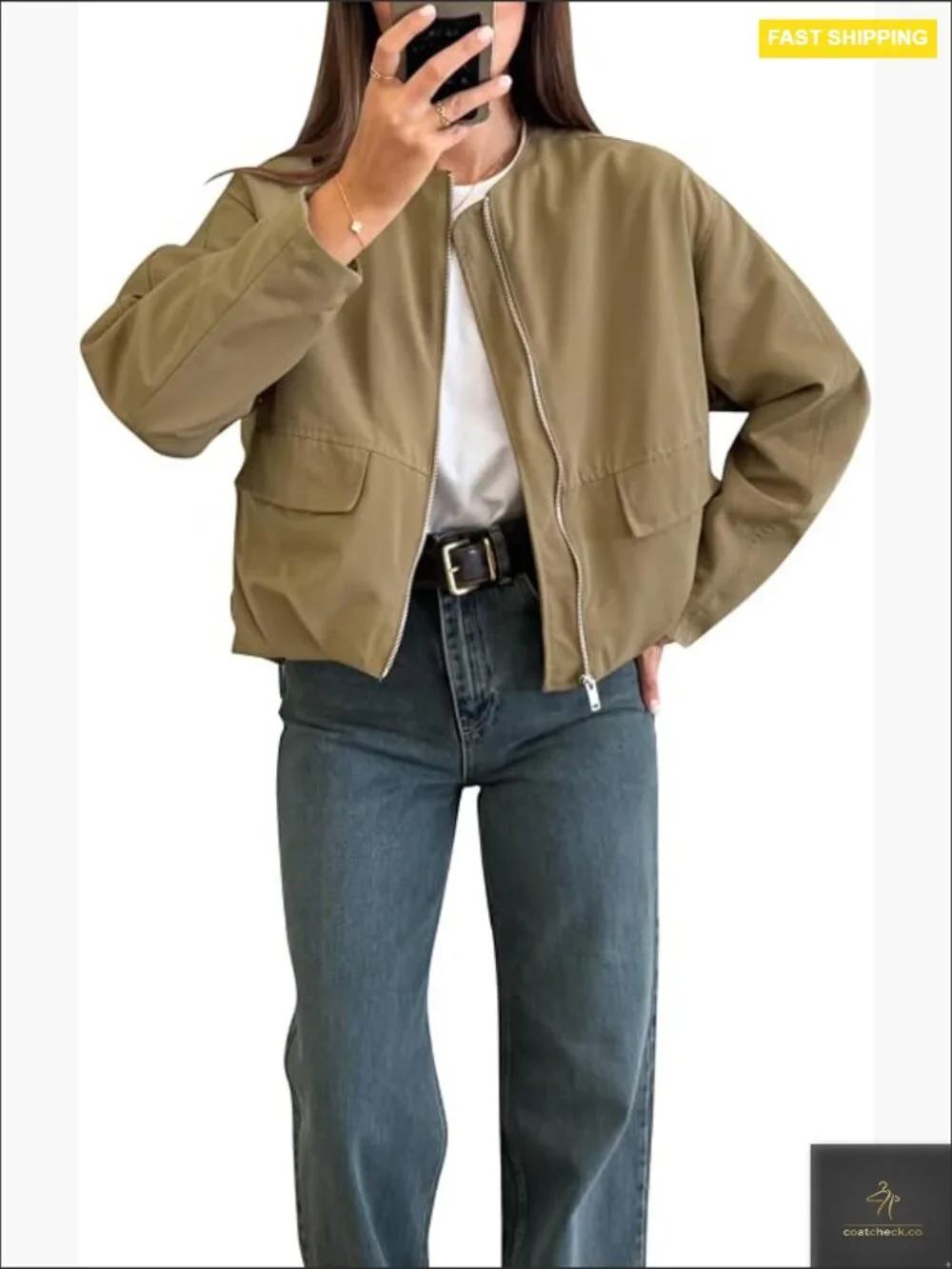 Casual Bomber Jacket Long Sleeve Zip Up Gathered Hem Round Neck Classic